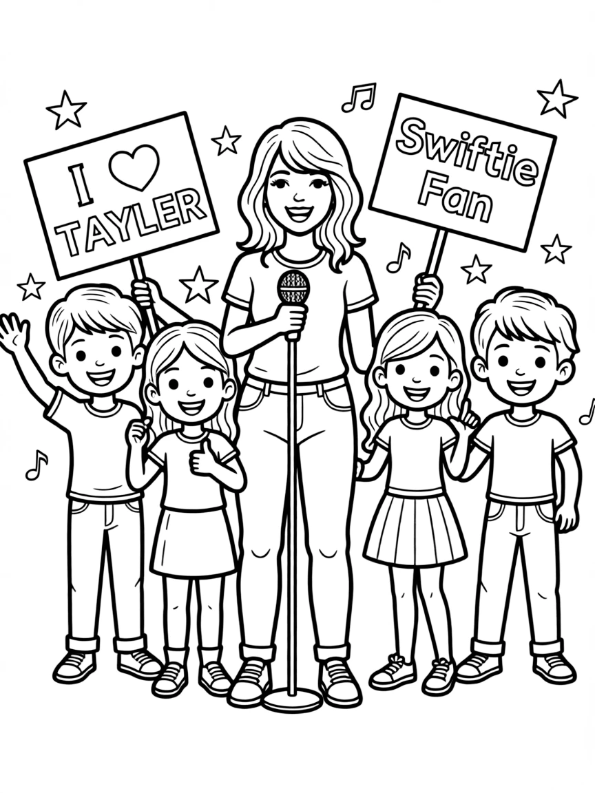 Taylor Swift posing with cartoon versions of their fans.
