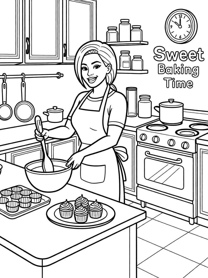 Cardi B baking cupcakes in a colorful kitchen.
