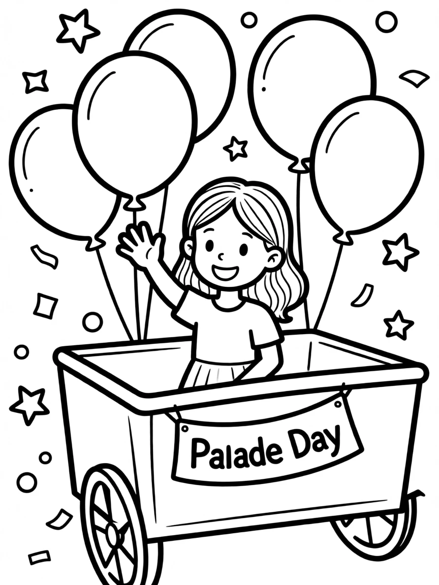 Billie Eilish waving from a parade float with balloons and confetti.