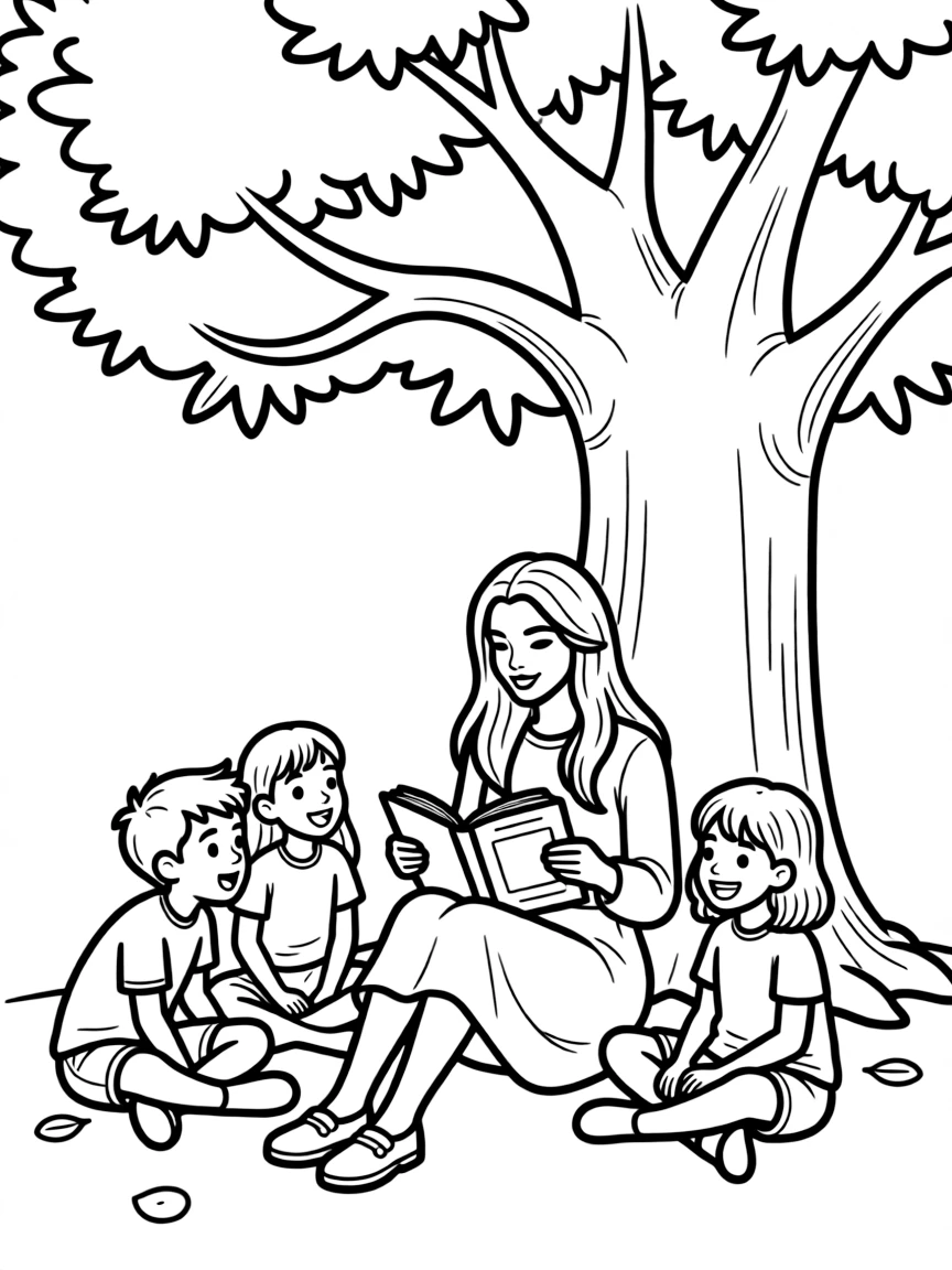 Kylie Jenner reading a storybook to children under a tree.