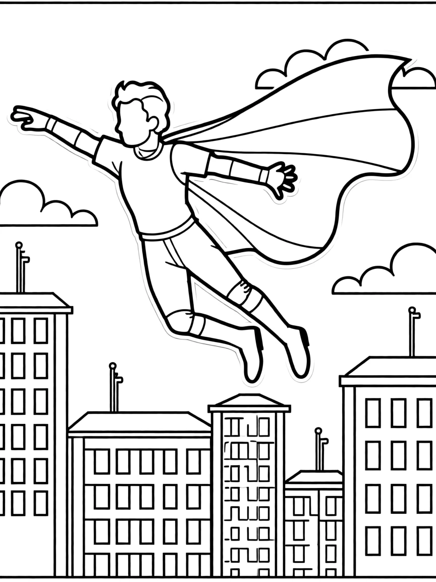 Zayn Malik wearing a superhero cape and flying over a cityscape.