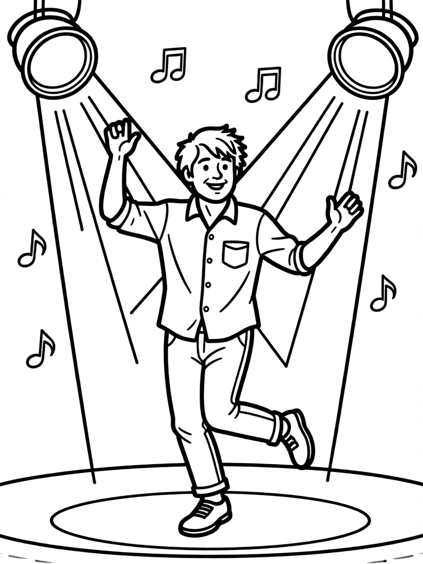 Ed Sheeran dancing on a stage with spotlights and fun outfits.