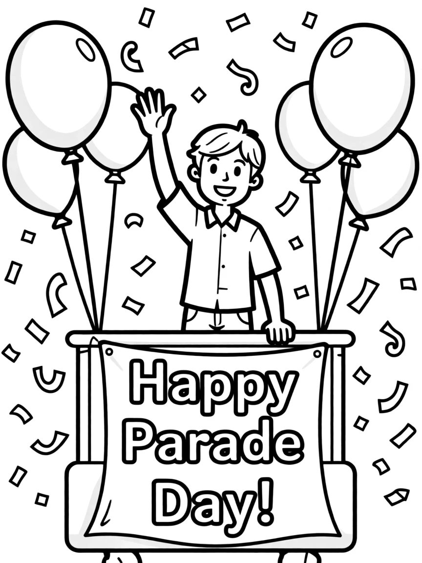Tom Holland waving from a parade float with balloons and confetti.