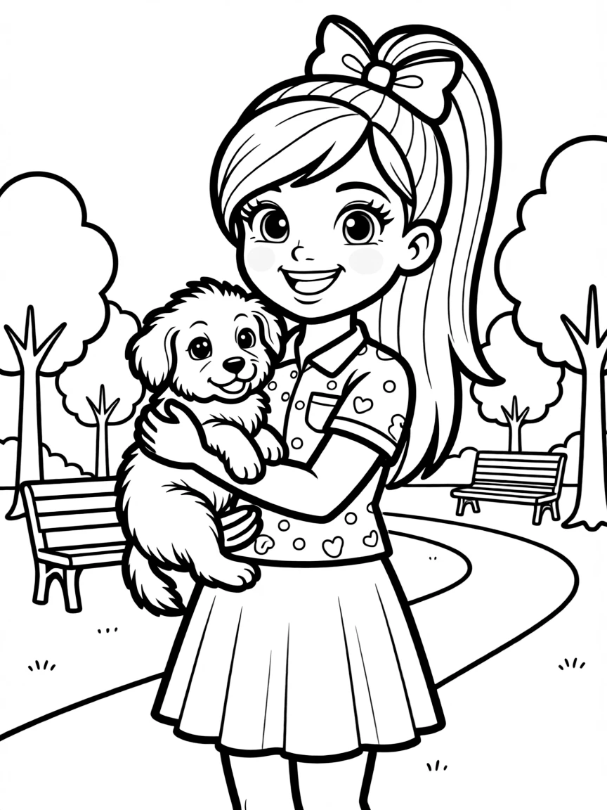 JoJo Siwa smiling and holding a puppy with a park background.