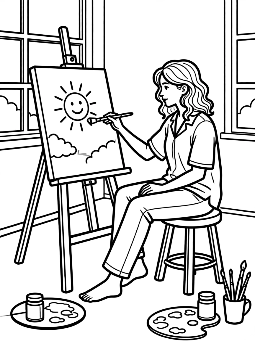 Emma Stone painting a picture at an art studio.