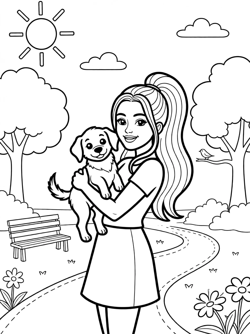 Ariana Grande smiling and holding a puppy with a park background.