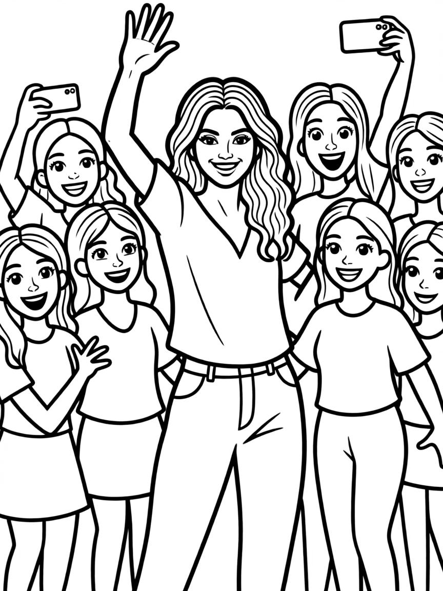 Selena Gomez posing with cartoon versions of their fans.