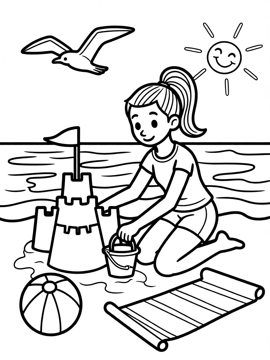 Simone Biles building a sandcastle at the beach.