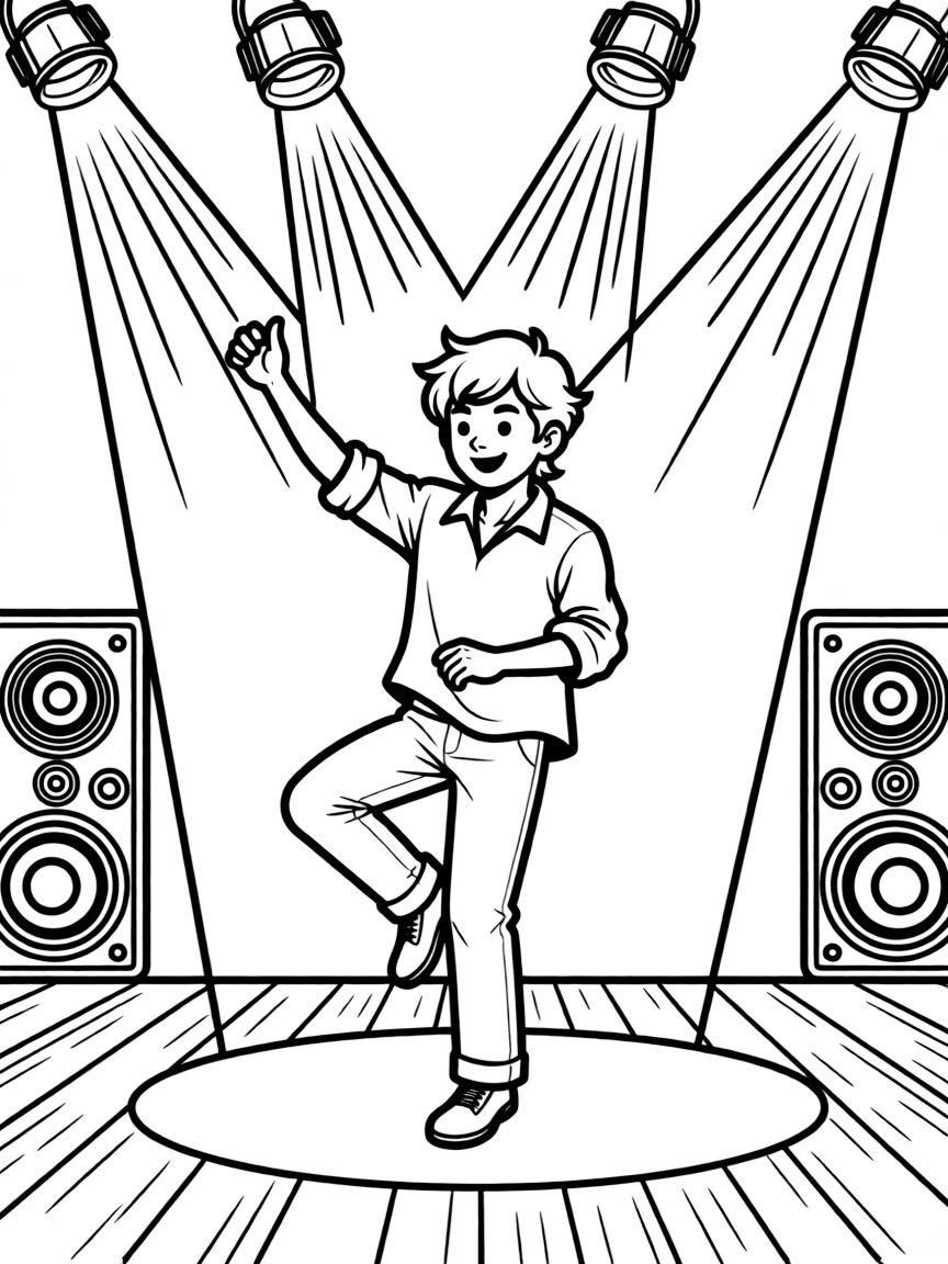 Timothée Chalamet dancing on a stage with spotlights and fun outfits.