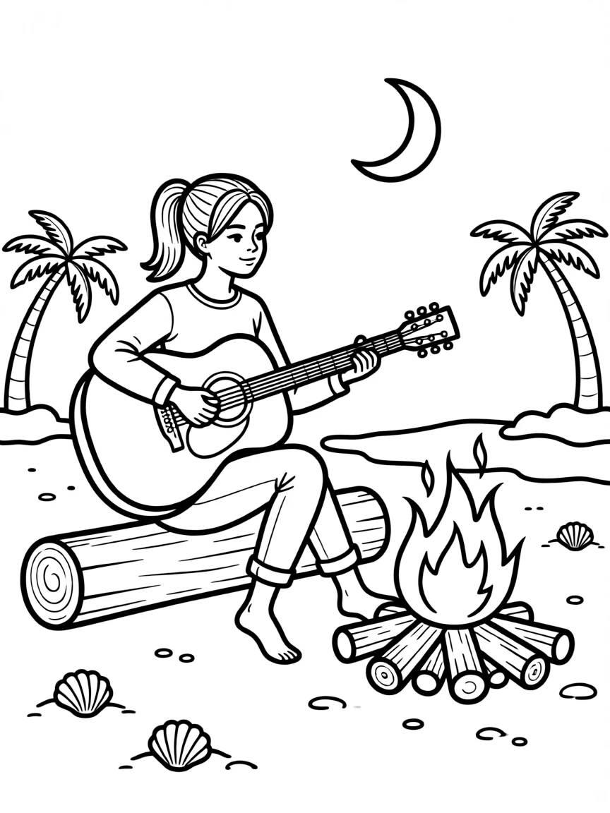 Doja Cat playing guitar at a beach bonfire.