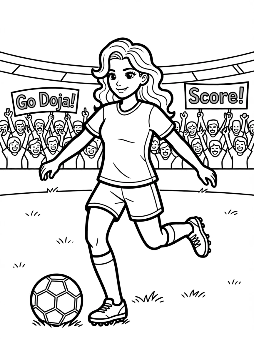 Doja Cat playing soccer on a field with cheering fans in the stands.