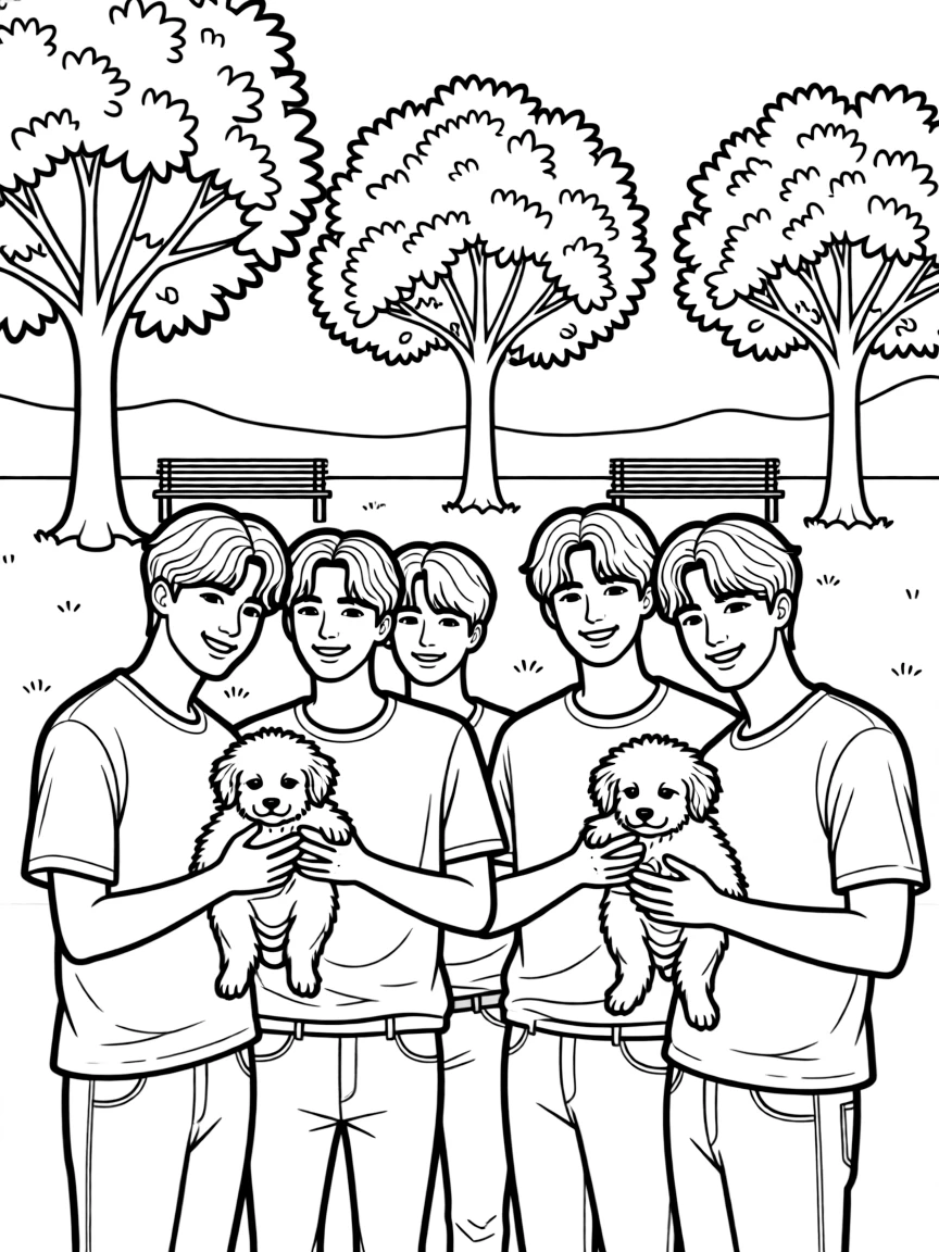 BTS Members smiling and holding a puppy with a park background.