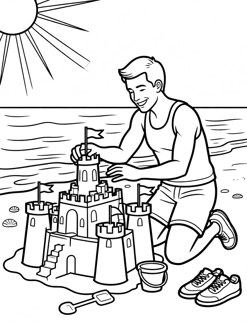 Michael Jordan building a sandcastle at the beach.