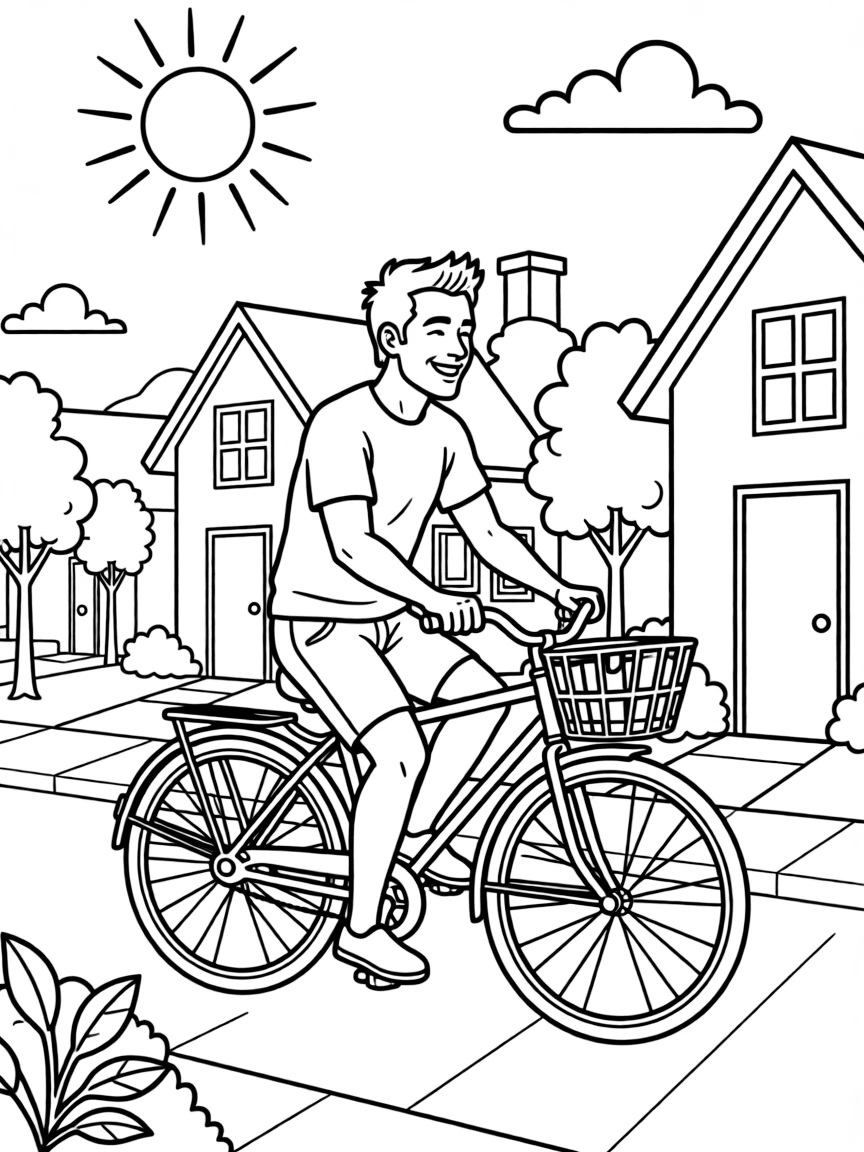 Robert Downey Jr. riding a bicycle through a sunny neighborhood.
