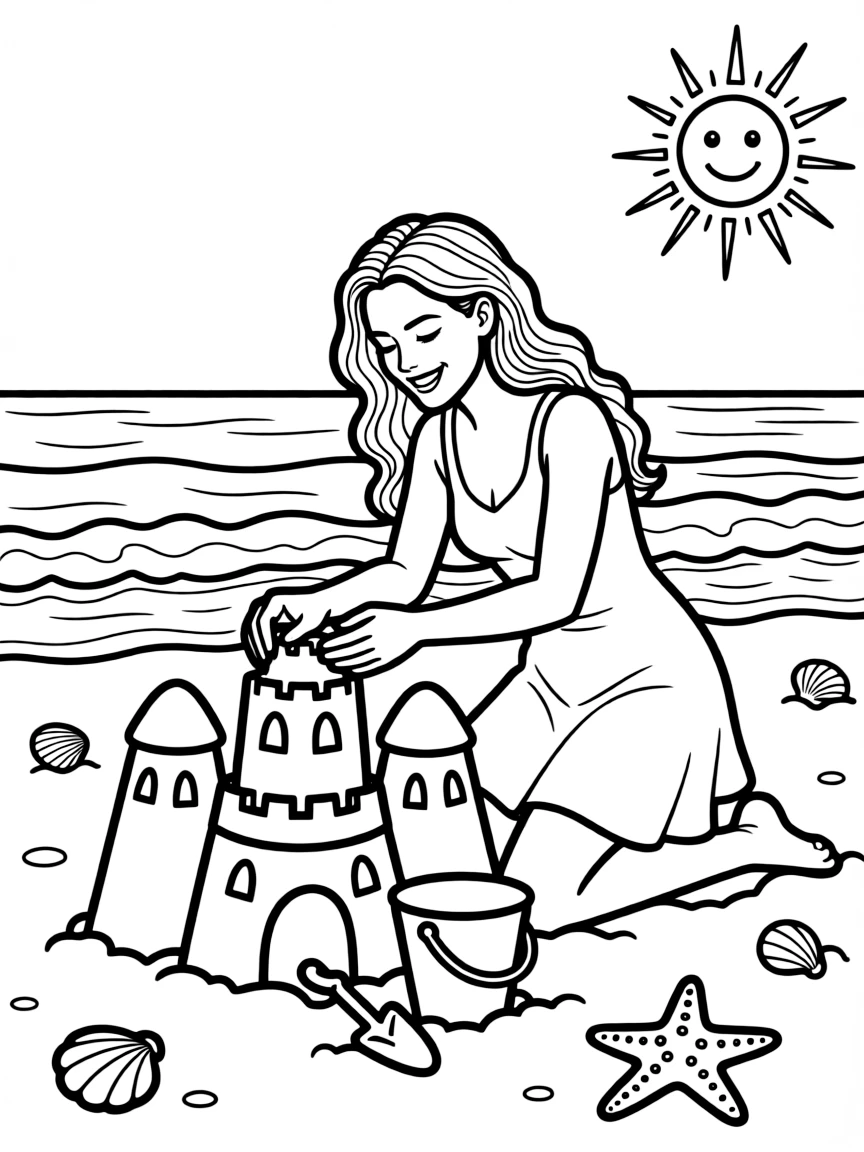 Blake Lively building a sandcastle at the beach.
