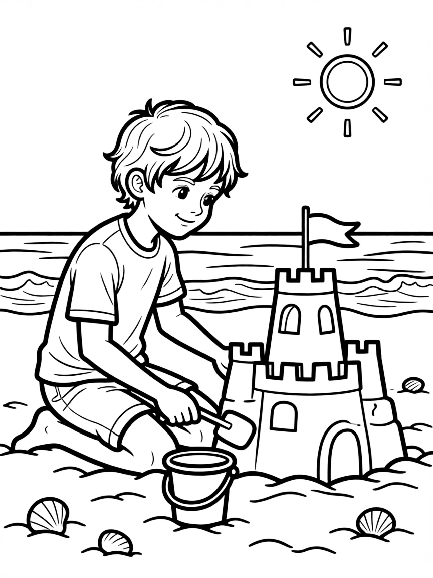 Timothée Chalamet building a sandcastle at the beach.