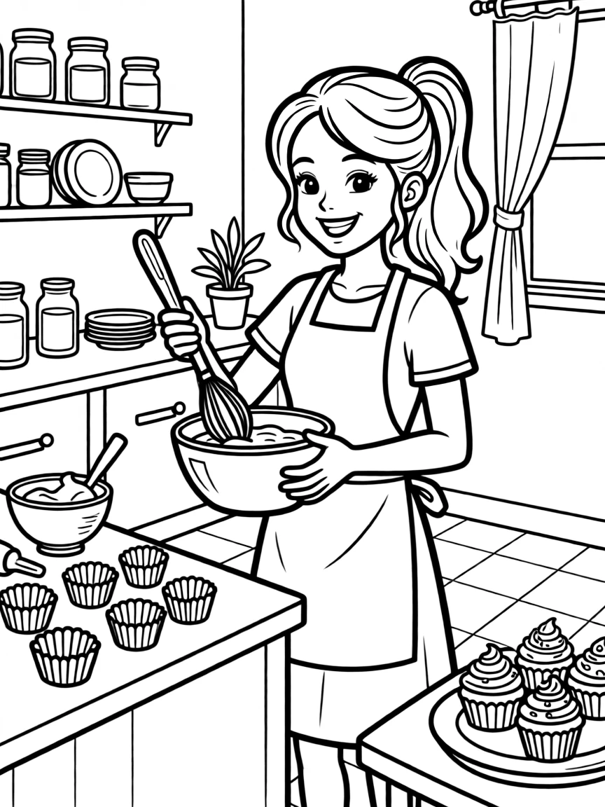 Taylor Swift baking cupcakes in a colorful kitchen.