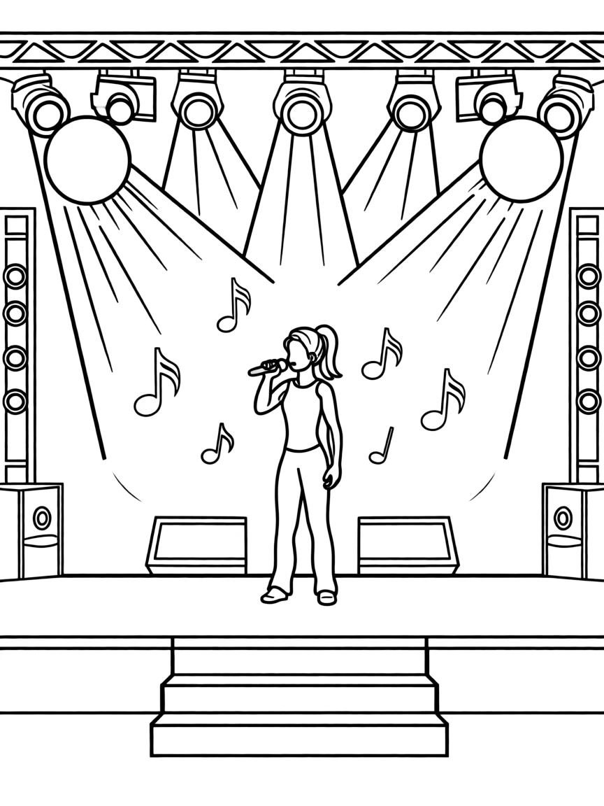 Simone Biles singing on a big concert stage with musical notes and lights.