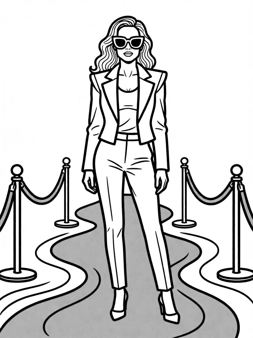Angelina Jolie posing with sunglasses and a cool outfit on the red carpet.