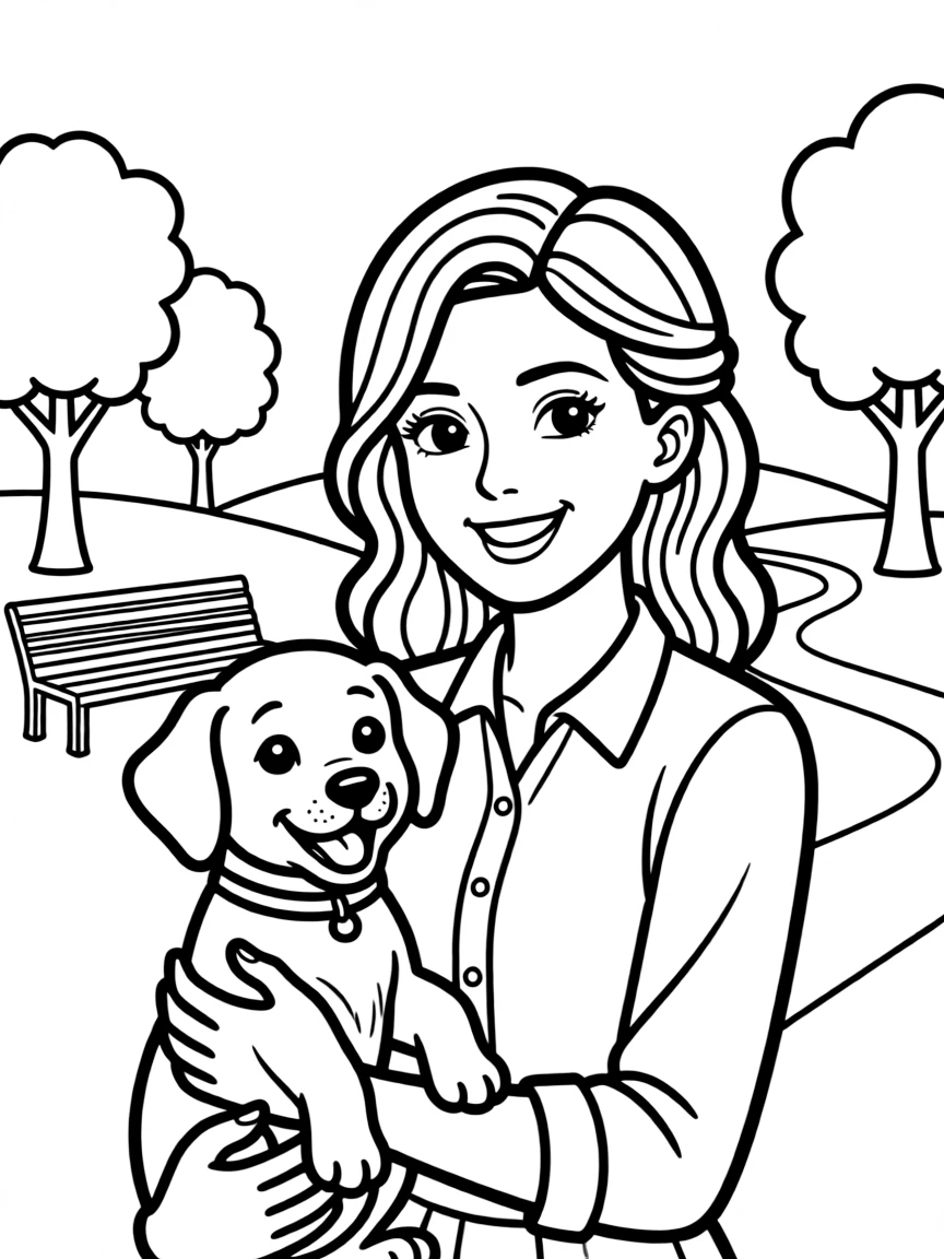Emma Stone smiling and holding a puppy with a park background.