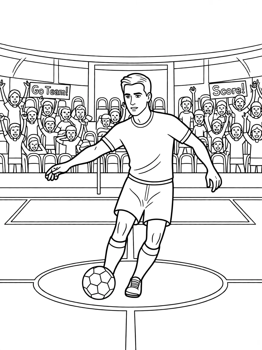 Ryan Reynolds playing soccer on a field with cheering fans in the stands.