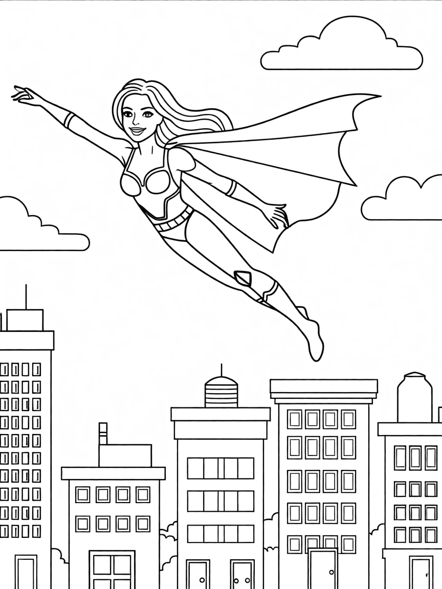 Angelina Jolie wearing a superhero cape and flying over a cityscape.
