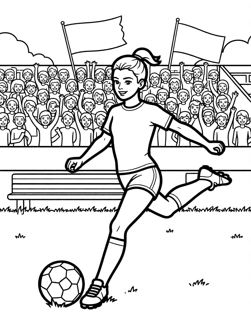 Simone Biles playing soccer on a field with cheering fans in the stands.