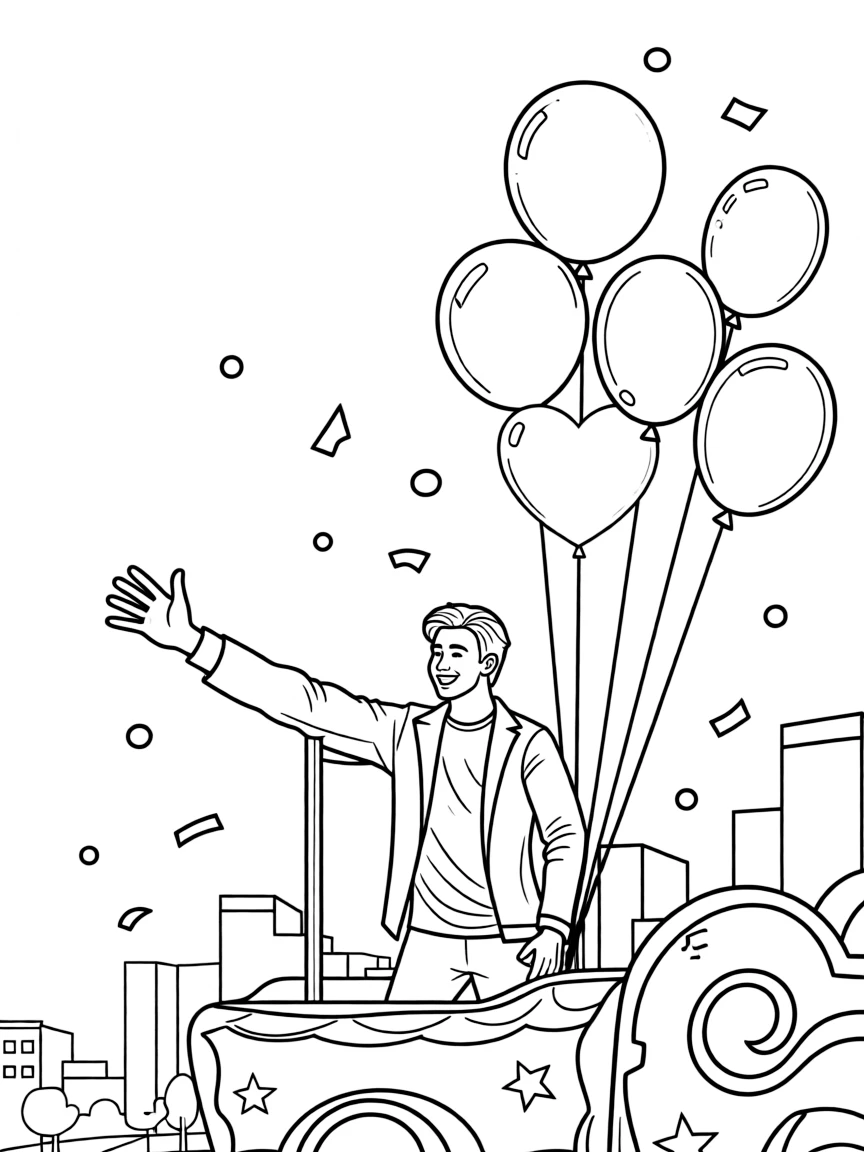 Tom Holland waving from a parade float with balloons and confetti.