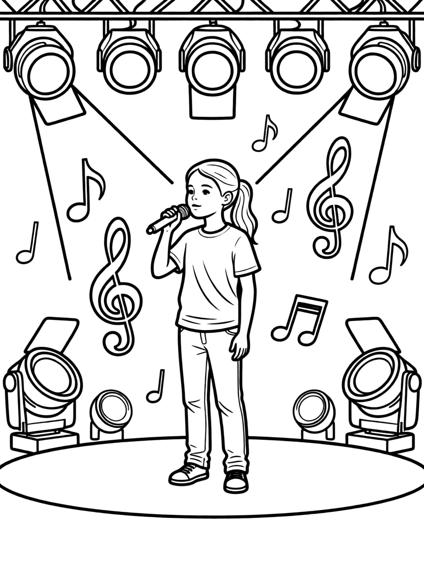 Greta Thunberg singing on a big concert stage with musical notes and lights.