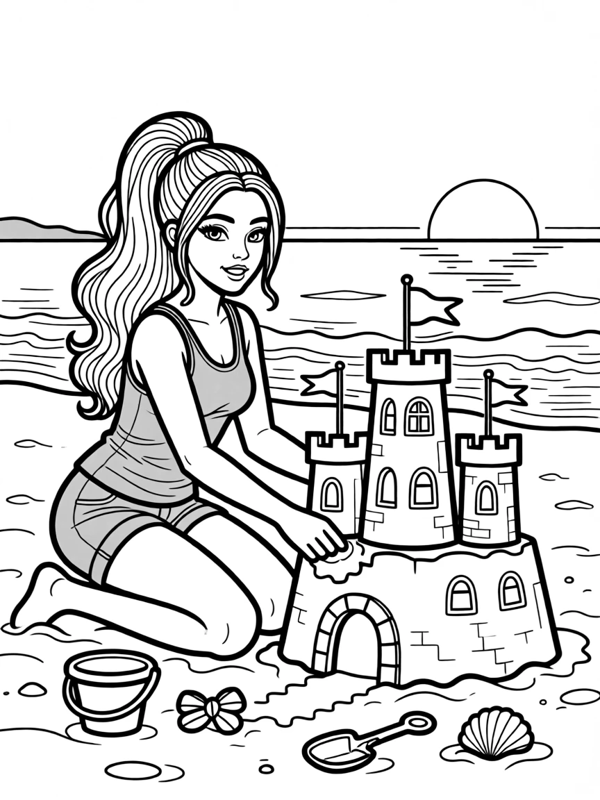 Ariana Grande building a sandcastle at the beach.