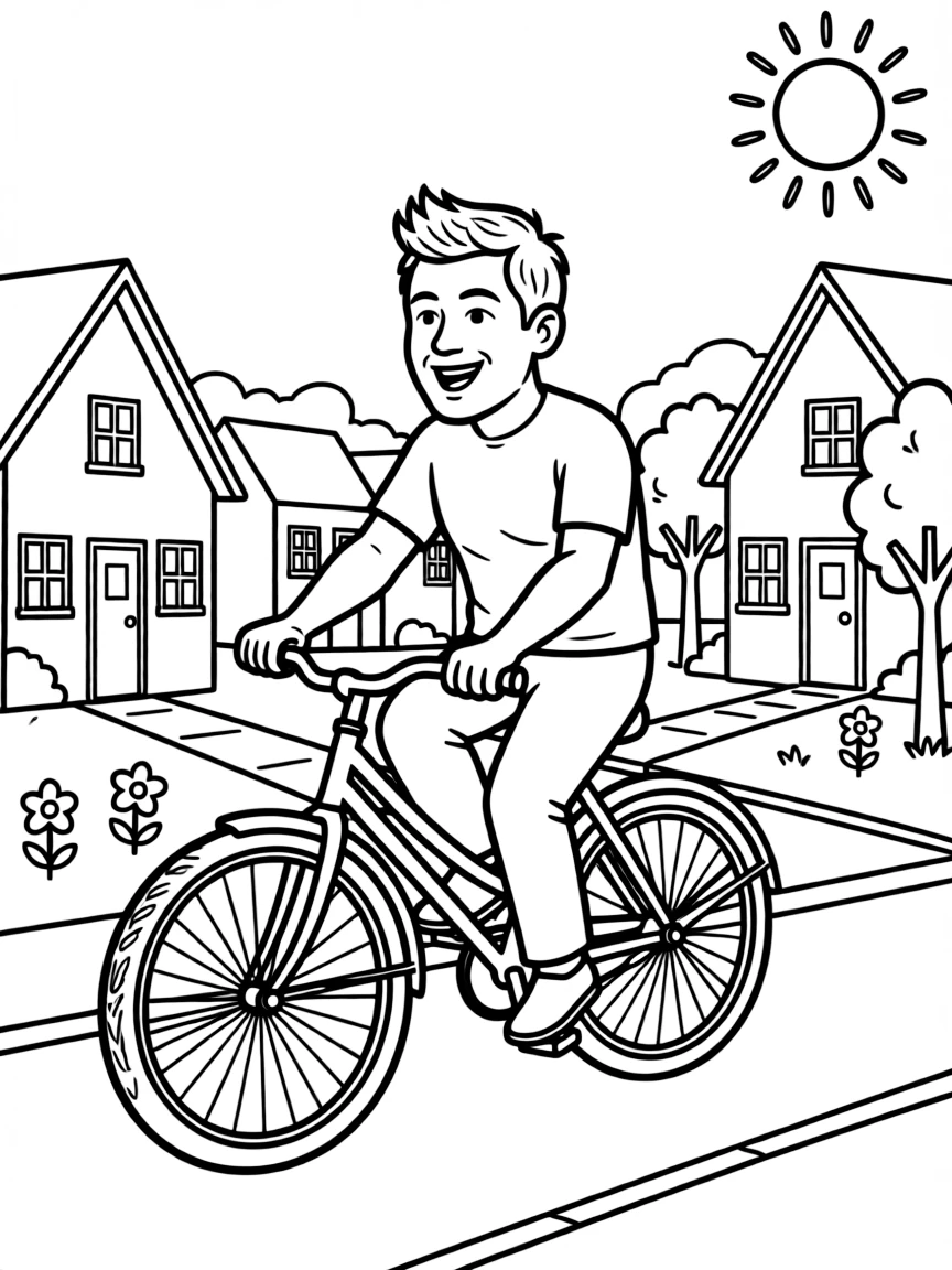 Gordon Ramsay riding a bicycle through a sunny neighborhood.