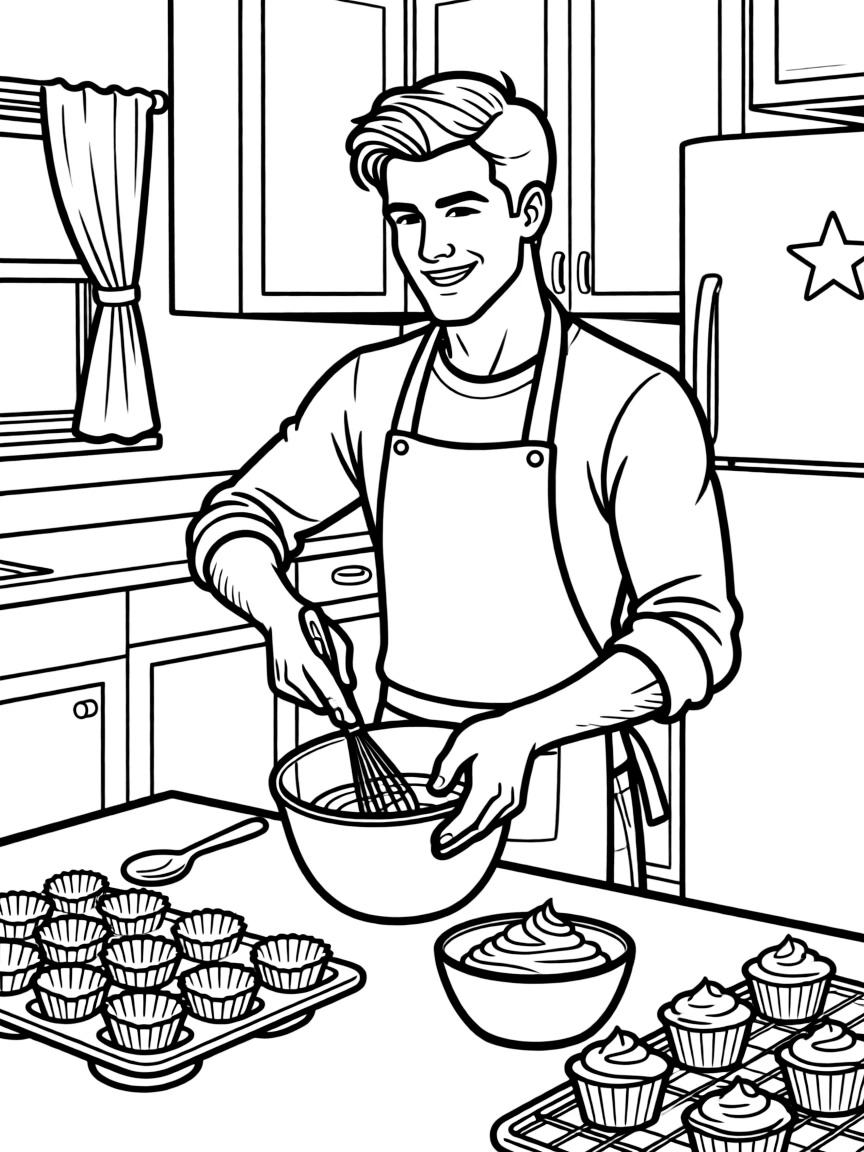 Taylor Lautner baking cupcakes in a colorful kitchen.