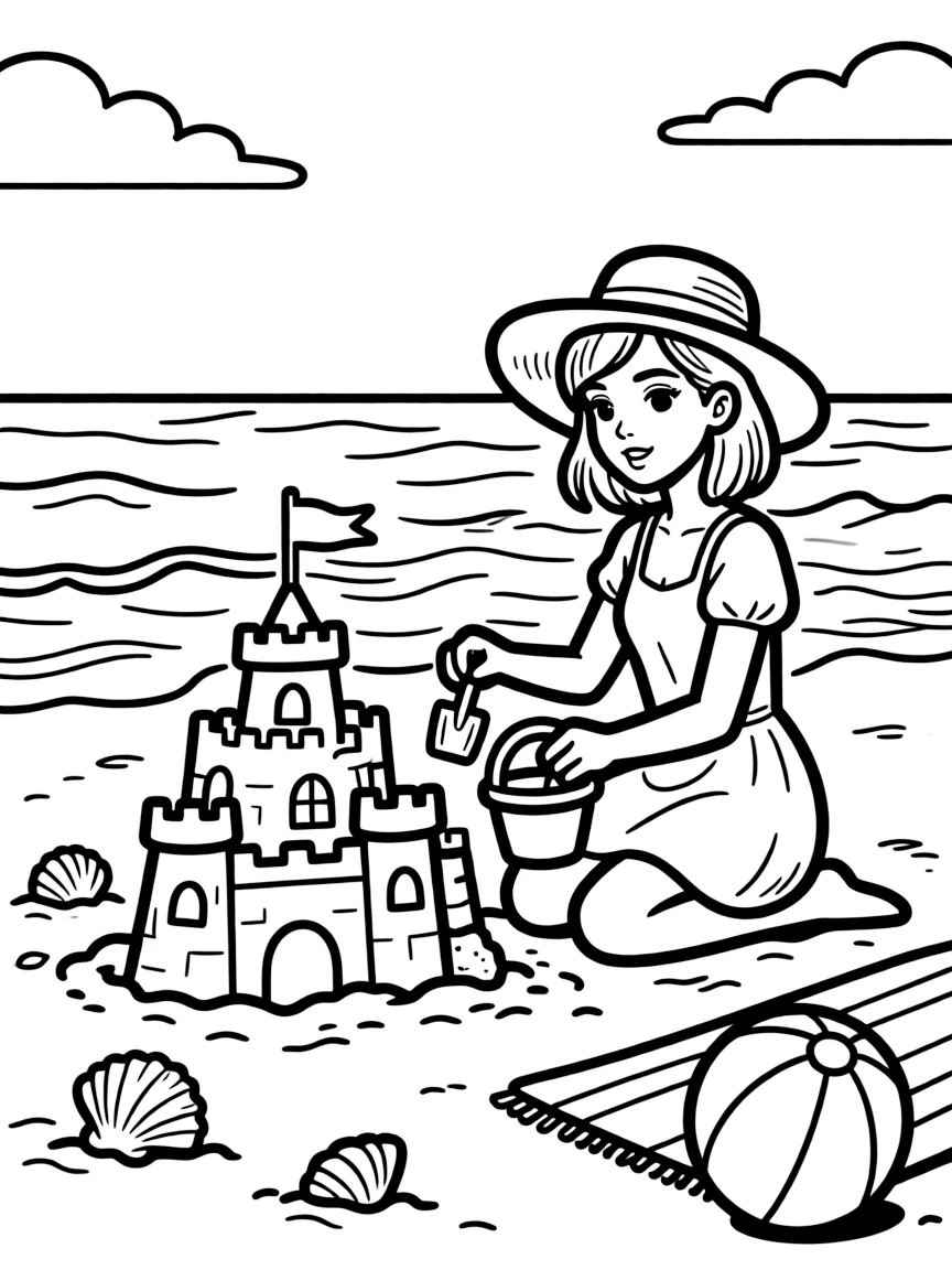 Dua Lipa building a sandcastle at the beach.