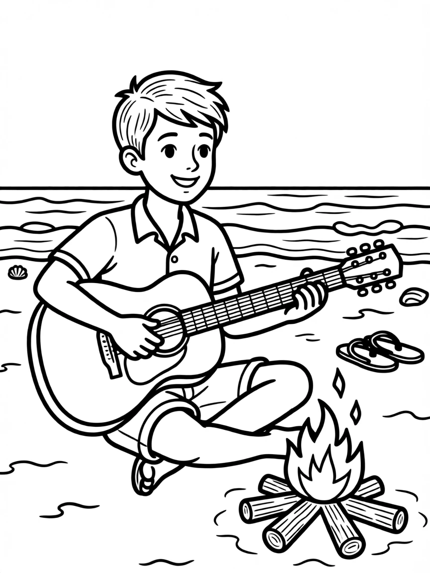 Bruno Mars playing guitar at a beach bonfire.