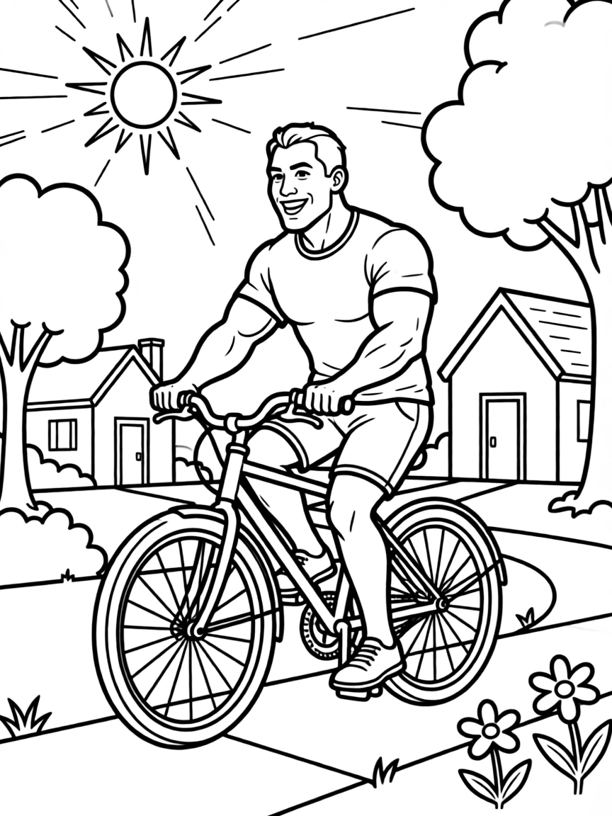 Dwayne Johnson riding a bicycle through a sunny neighborhood.
