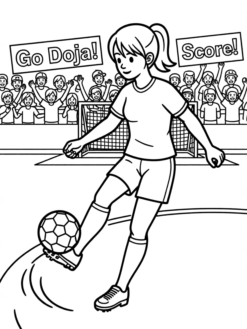 Doja Cat playing soccer on a field with cheering fans in the stands.