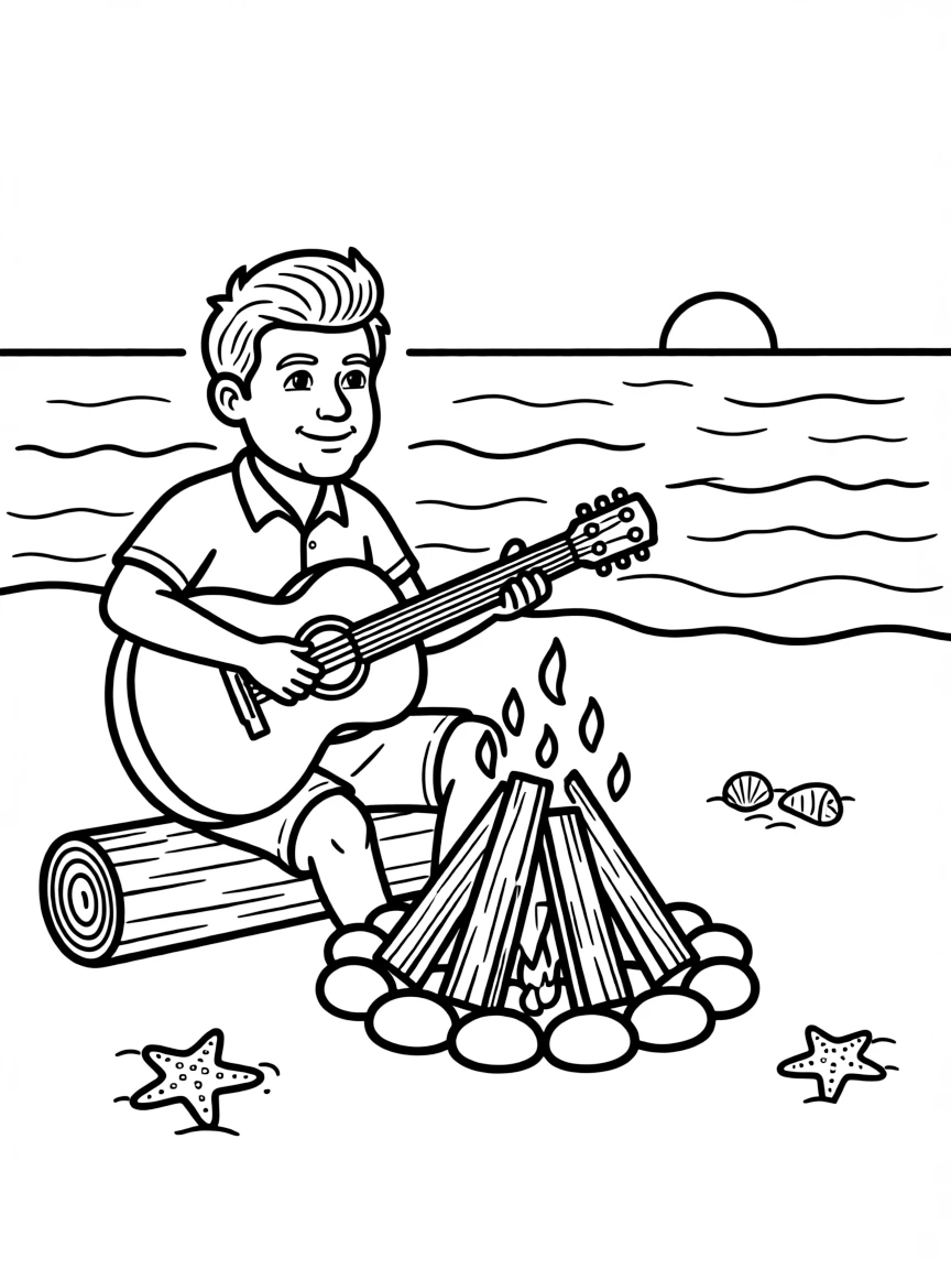 Gordon Ramsay playing guitar at a beach bonfire.