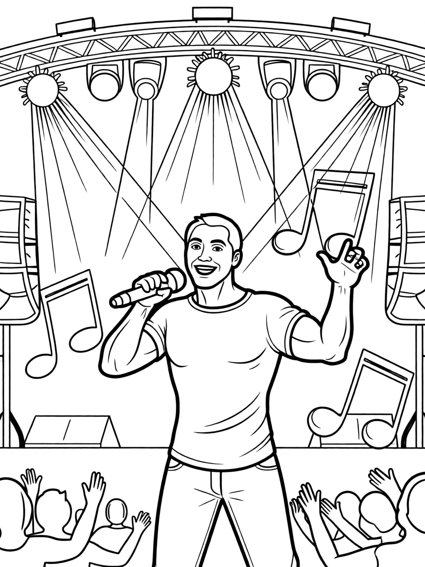 Dwayne Johnson singing on a big concert stage with musical notes and lights.