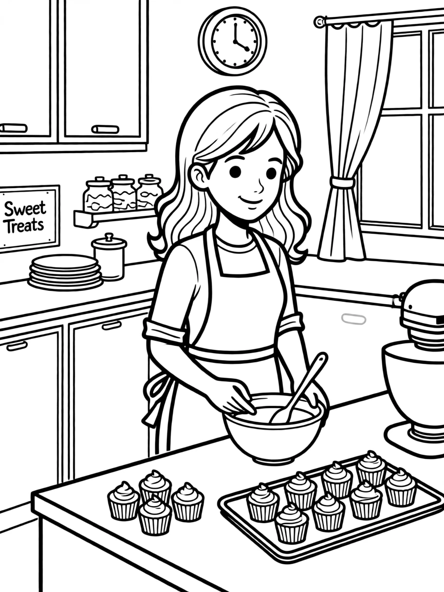 Emma Stone baking cupcakes in a colorful kitchen.