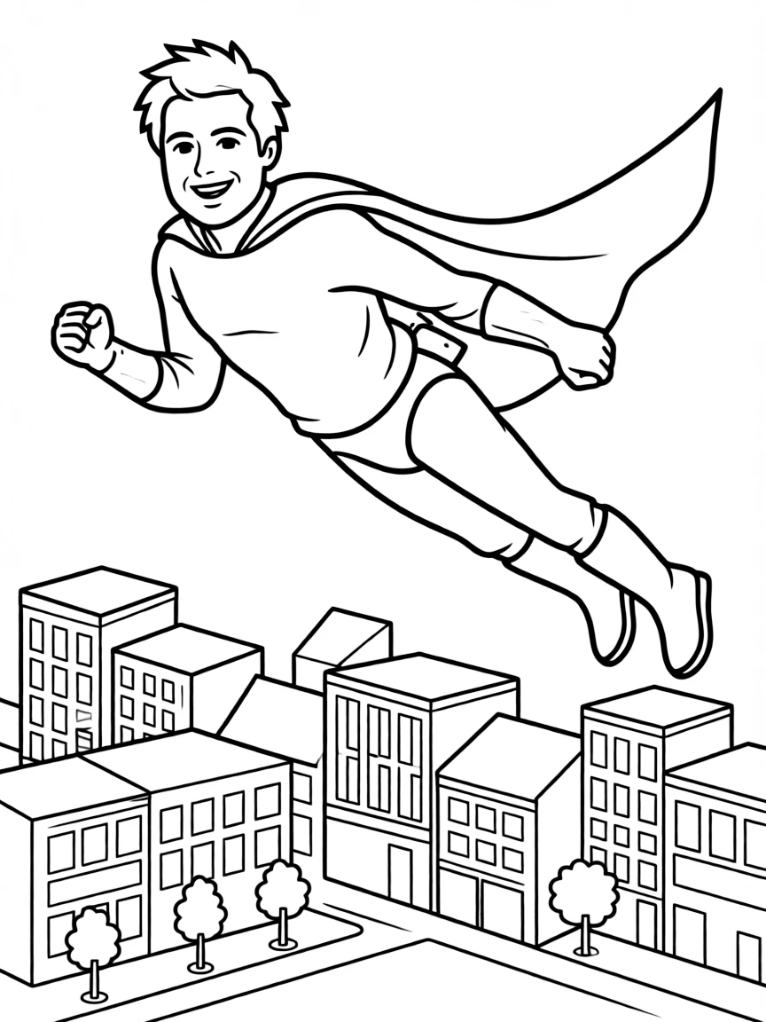 Ed Sheeran wearing a superhero cape and flying over a cityscape.