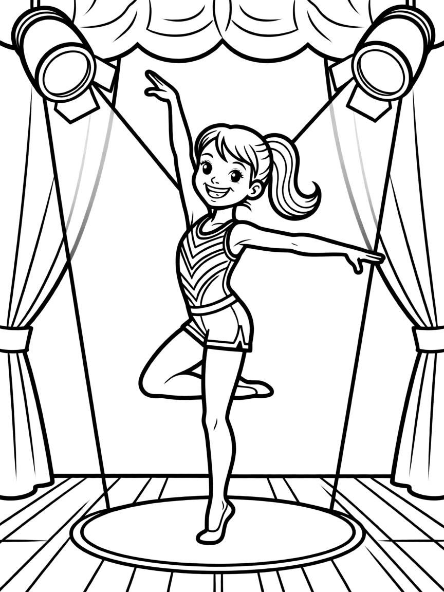 Simone Biles dancing on a stage with spotlights and fun outfits.