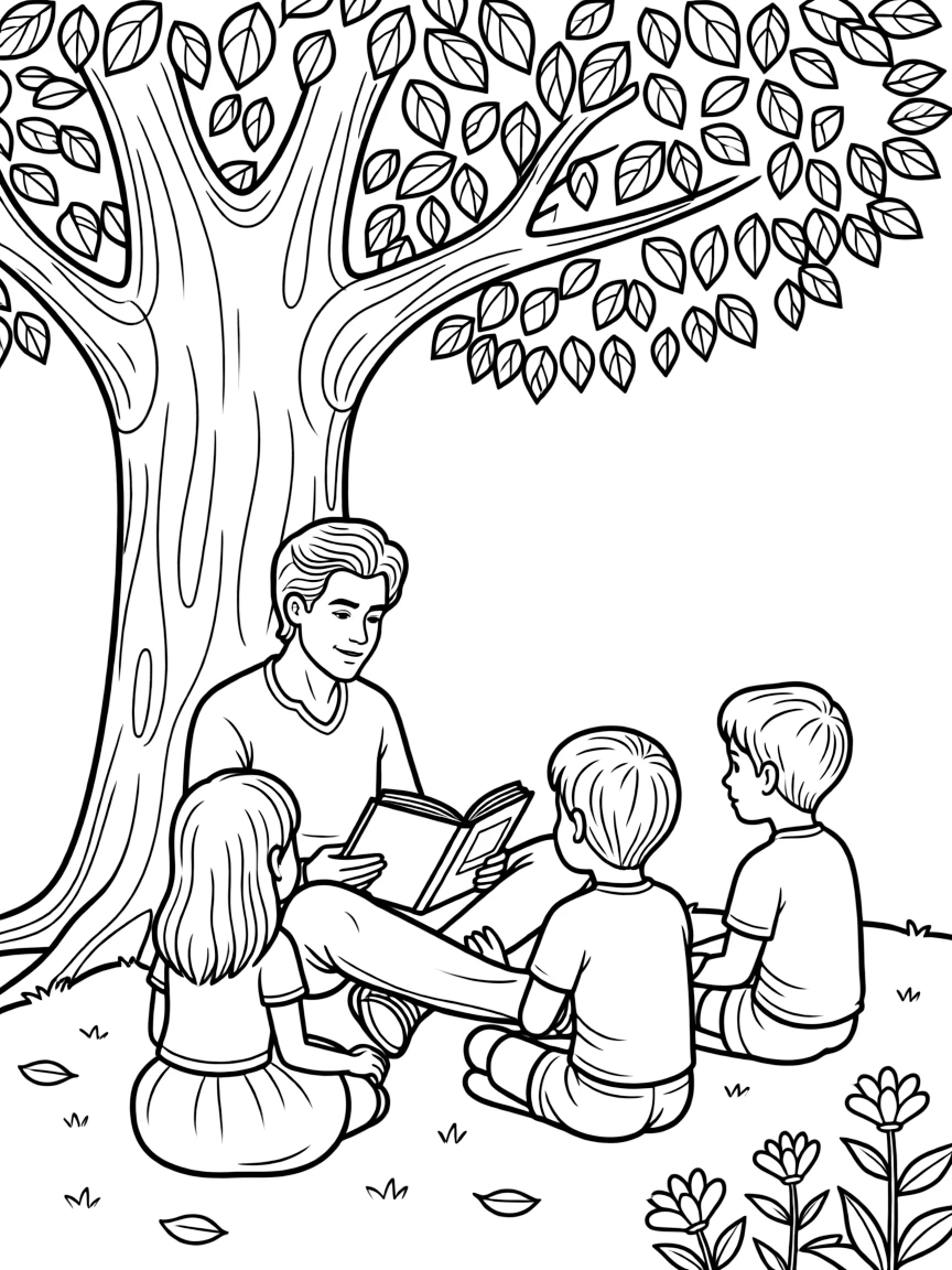 Harry Styles reading a storybook to children under a tree.