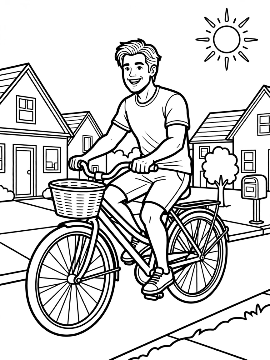 Chris Hemsworth riding a bicycle through a sunny neighborhood.
