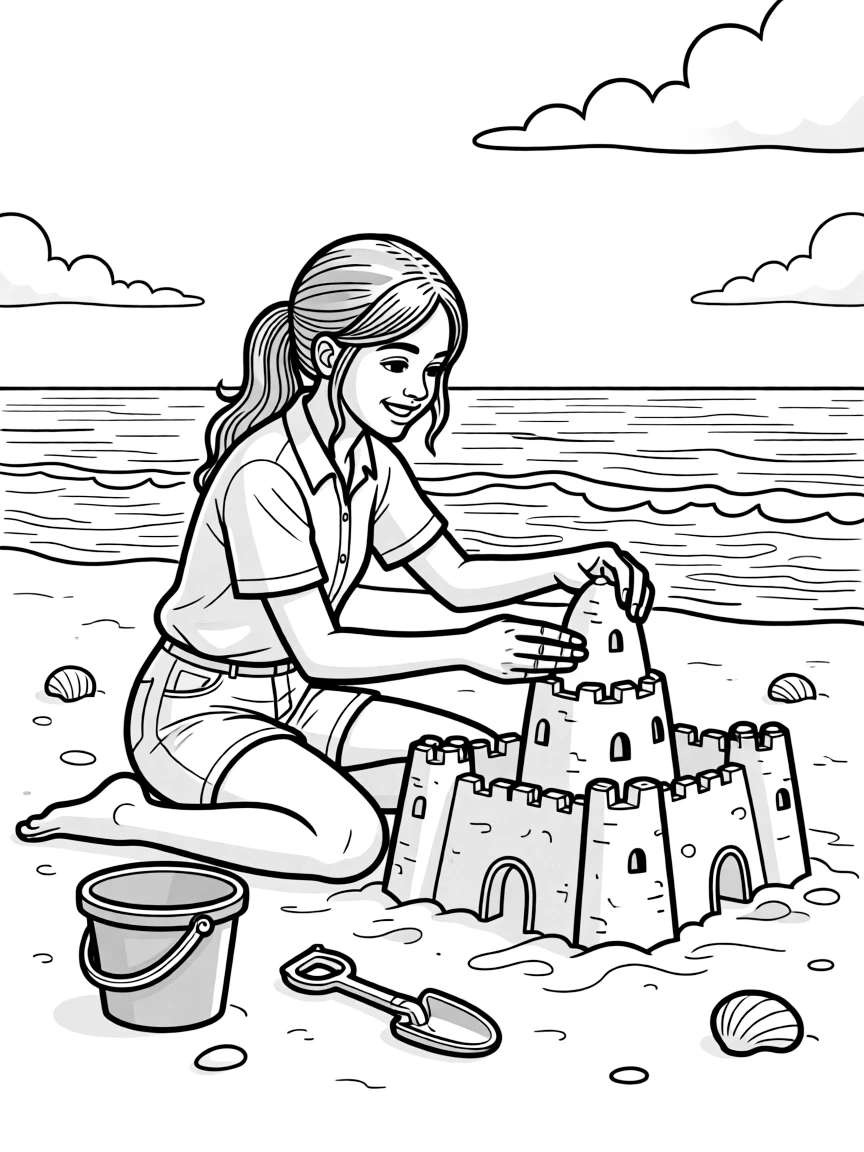 Zendaya building a sandcastle at the beach.