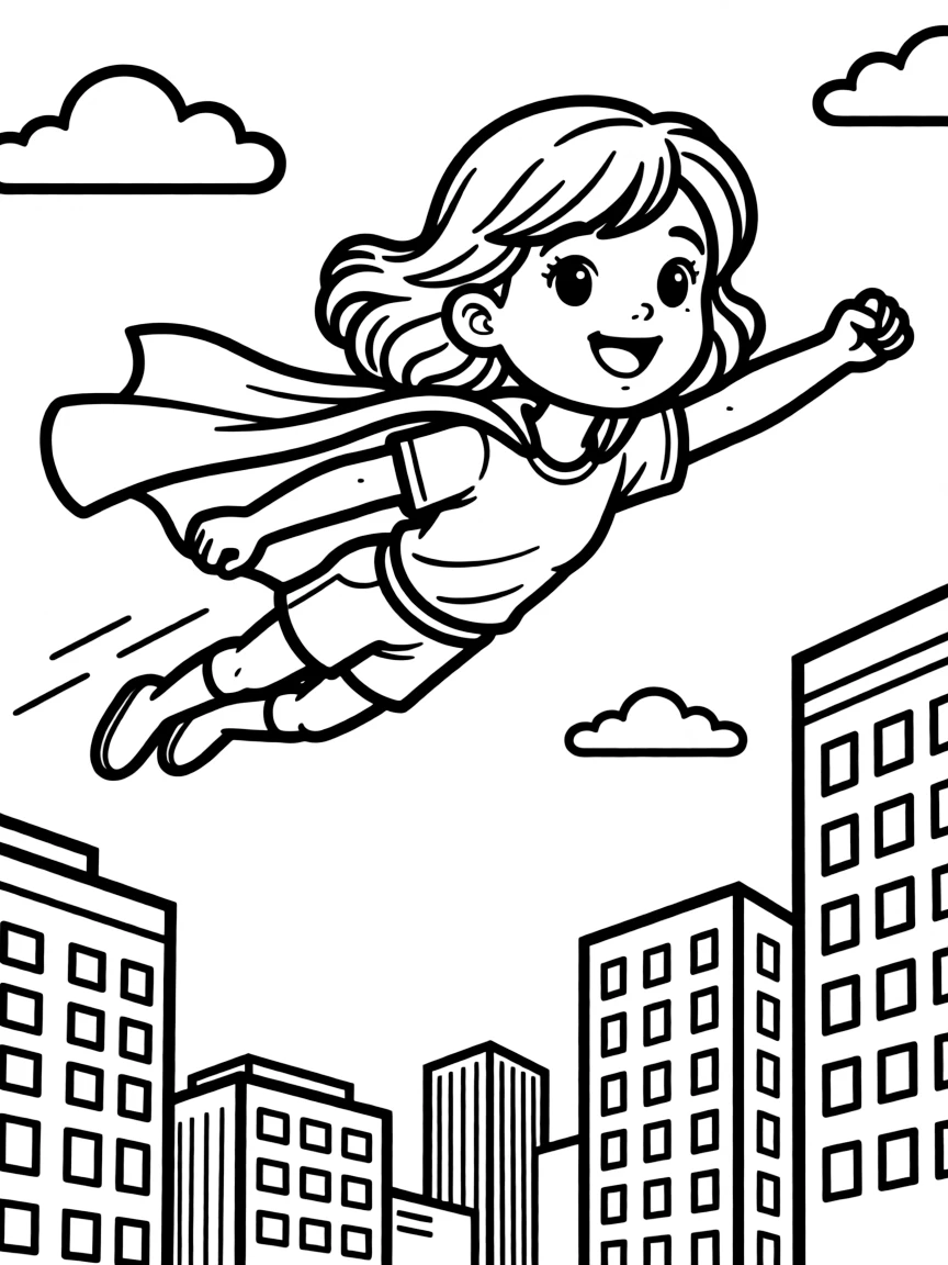Camila Cabello wearing a superhero cape and flying over a cityscape.