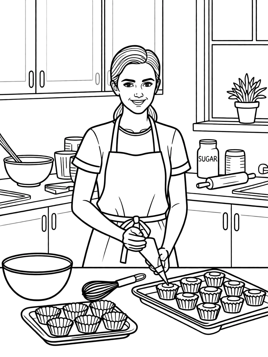 Emma Watson baking cupcakes in a colorful kitchen.