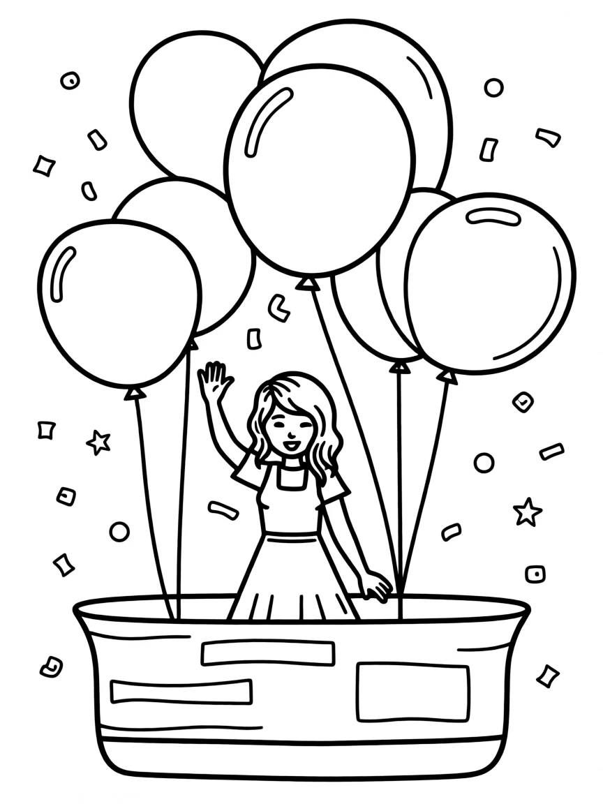 Taylor Swift waving from a parade float with balloons and confetti.