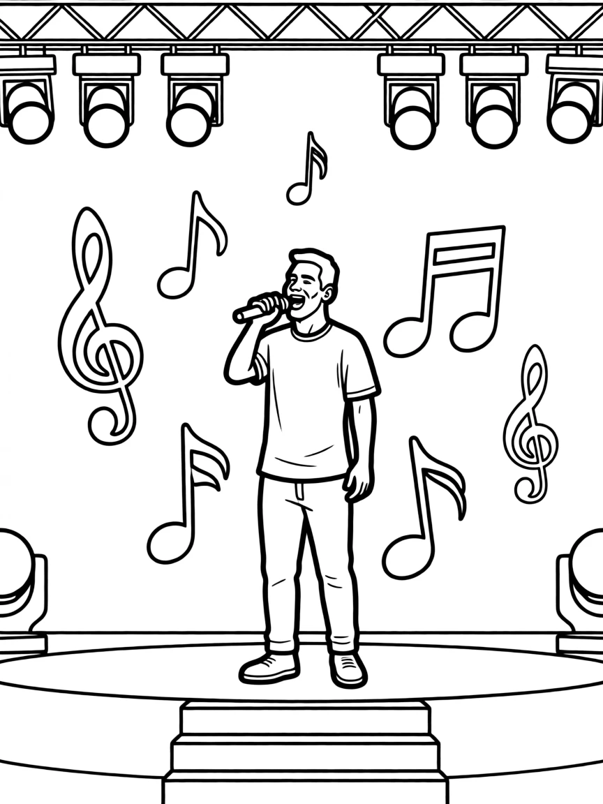 Lionel Messi singing on a big concert stage with musical notes and lights.