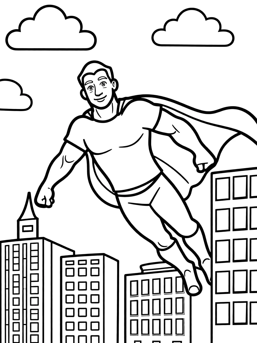 Dwayne Johnson wearing a superhero cape and flying over a cityscape.