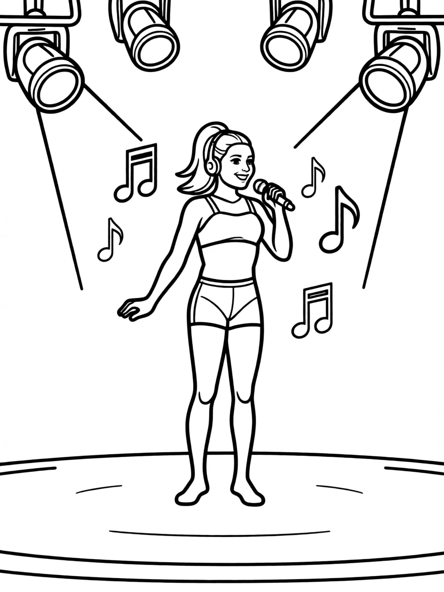 Simone Biles singing on a big concert stage with musical notes and lights.